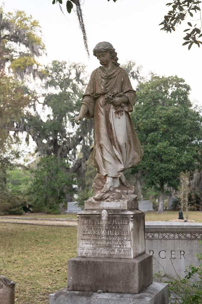 An image of a funerary statue in Bonaventure Cemetery.
