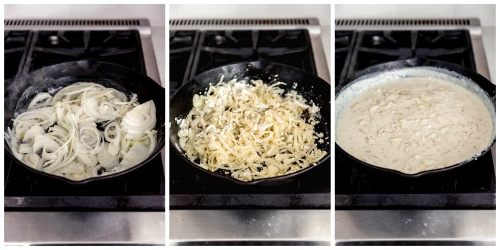 A step-by-step collage showing how to make the creamy onion sauce for scalloped potatoes.