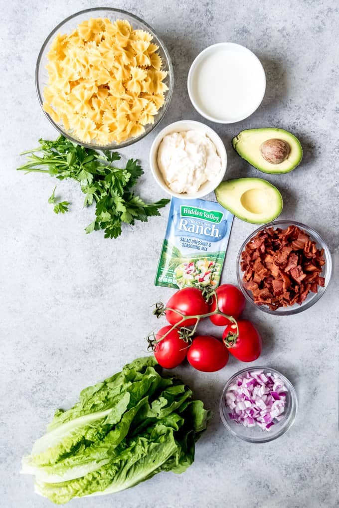 An image of the ingredients for BLT pasta salad.
