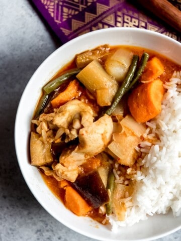Cambodian Chicken Red Curry in a bowl with white rice
