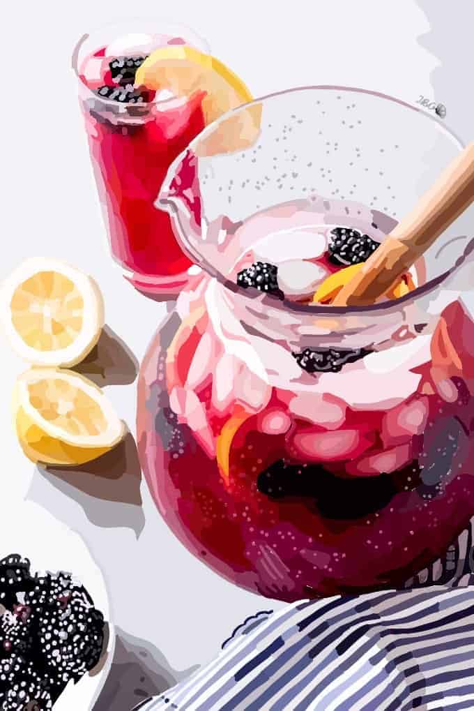 An artistic rendering of a pitcher of an image of blackberry lemonade.