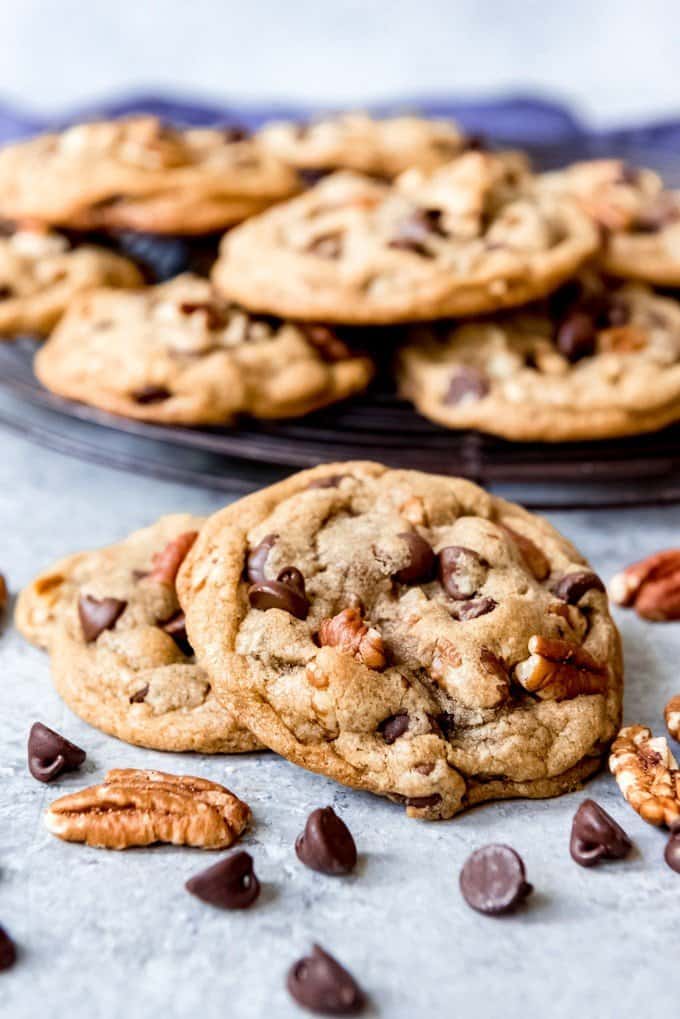 These Pecan Chocolate Chip Cookies are packed with semisweet chocolate chips and crunchy pecans in a browned butter cookie dough.  Perfectly crisp around the edges and chewy through the middle, everybody raves about every bite of these nutty, chocolate-crammed cookies. 