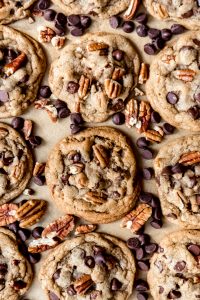 An overhead image of pecan chocolate chip cookies.