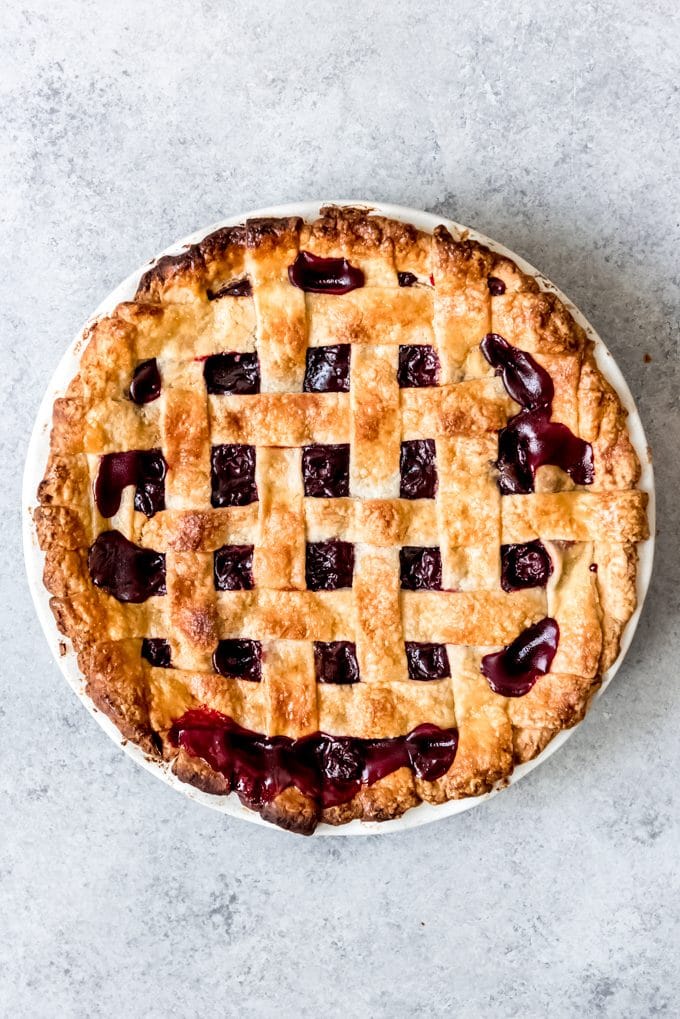 A fully baked homemade cherry pie.