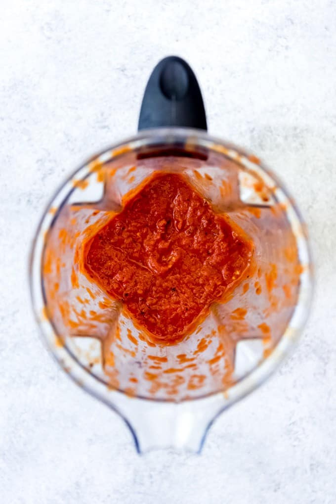 An image of chicken tinga sauce in a blender.