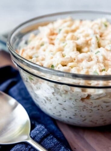An image of a large bowl of Hawaiian macaroni salad.