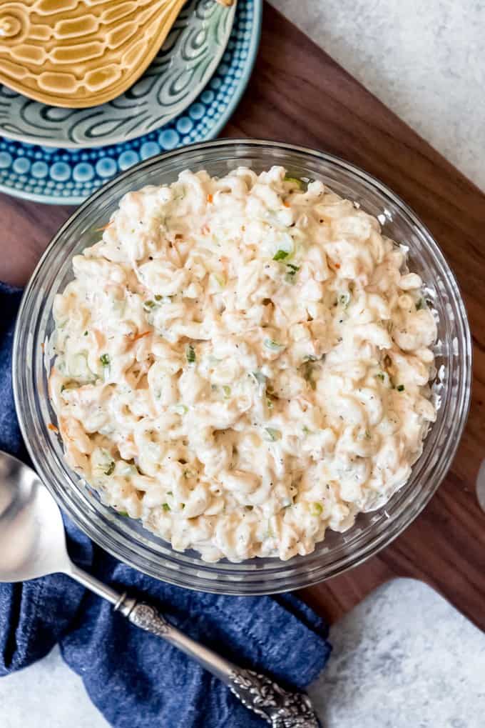 An image of classic macaroni salad with a mayo vinegar dressing.