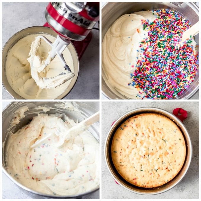 Step-by-step images of how to make homemade funfetti cake from scratch.