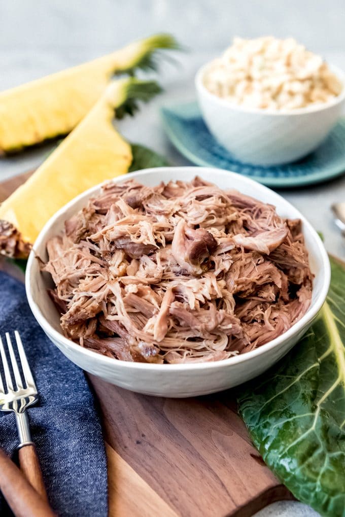 An image of a bowl of shredded Kalua Pork made in the slow cooker.