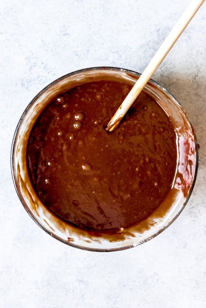 An image of a bowl of chocolate cake batter.