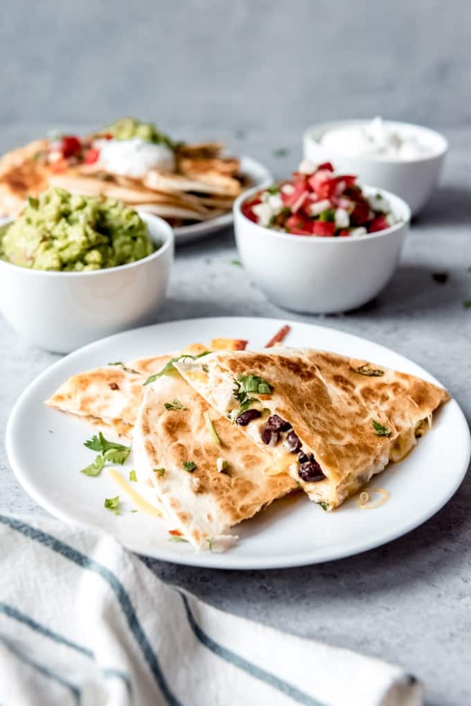 An image of chicken and black bean quesadillas on a plate.