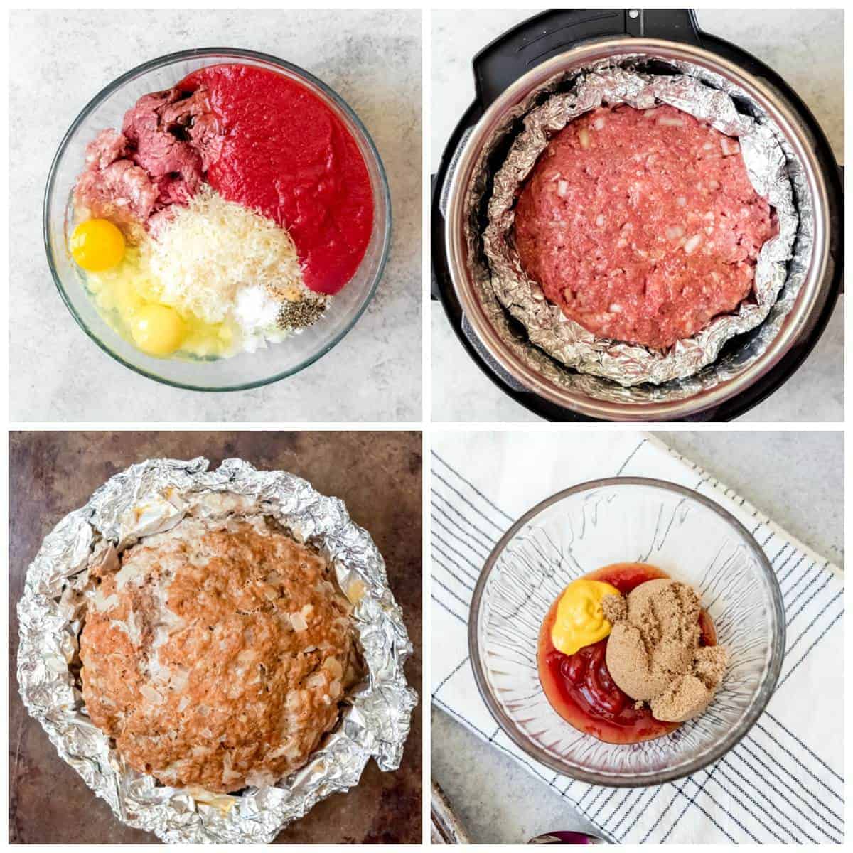 A collage of pictures showing step-by-step how to make Instant Pot Meatloaf with sweet ketchup glaze.