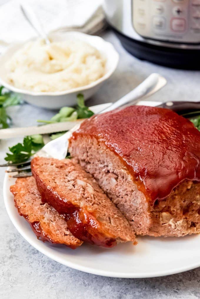 An image of a meatloaf with sweet ketchup glaze made in the Instant Pot.