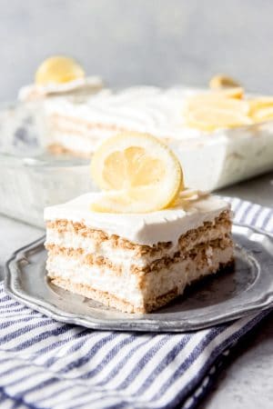 An image of a slice of lemon icebox cake.