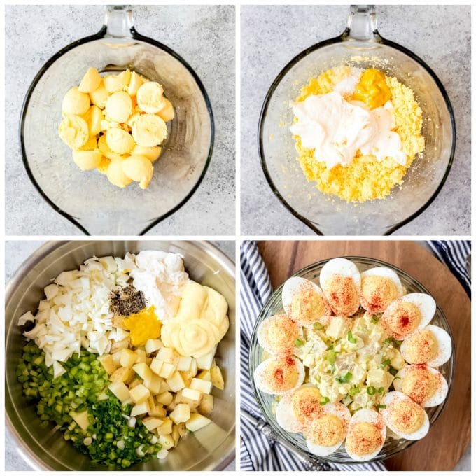 A collage of images showing how to make deviled egg potato salad.