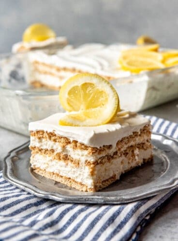 An image of a slice of lemon icebox cake.