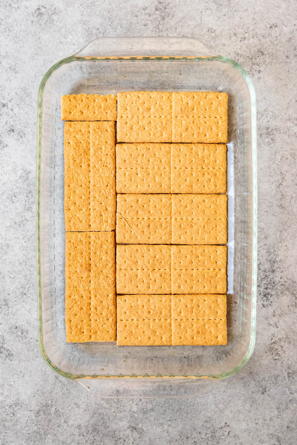 An image of graham cracker squares arranged in the bottom of a 9x13-inch baking dish.