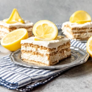 An image of a slice of lemon icebox cake.