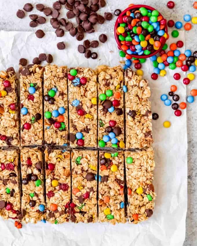 An image of a batch of M&M chocolate chip granola bars that have been cut into rectangles.