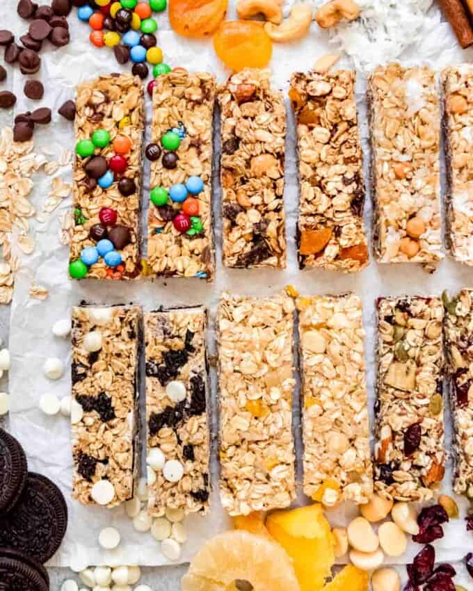 An image of fun, kid-friendly granola bars that make a great after-school snack and can be customized with any mix-ins you want!