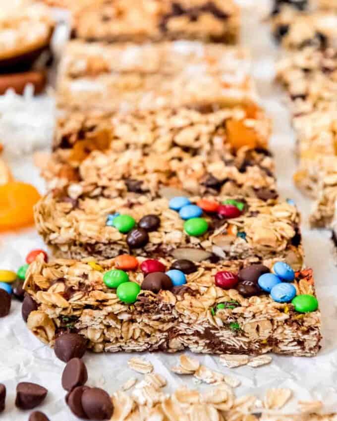 An side view of an M&M chocolate chip granola bar.