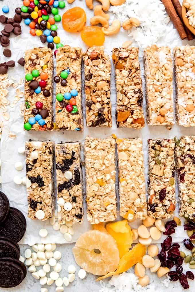 An image of fun, kid-friendly granola bars that make a great after-school snack and can be customized with any mix-ins you want!