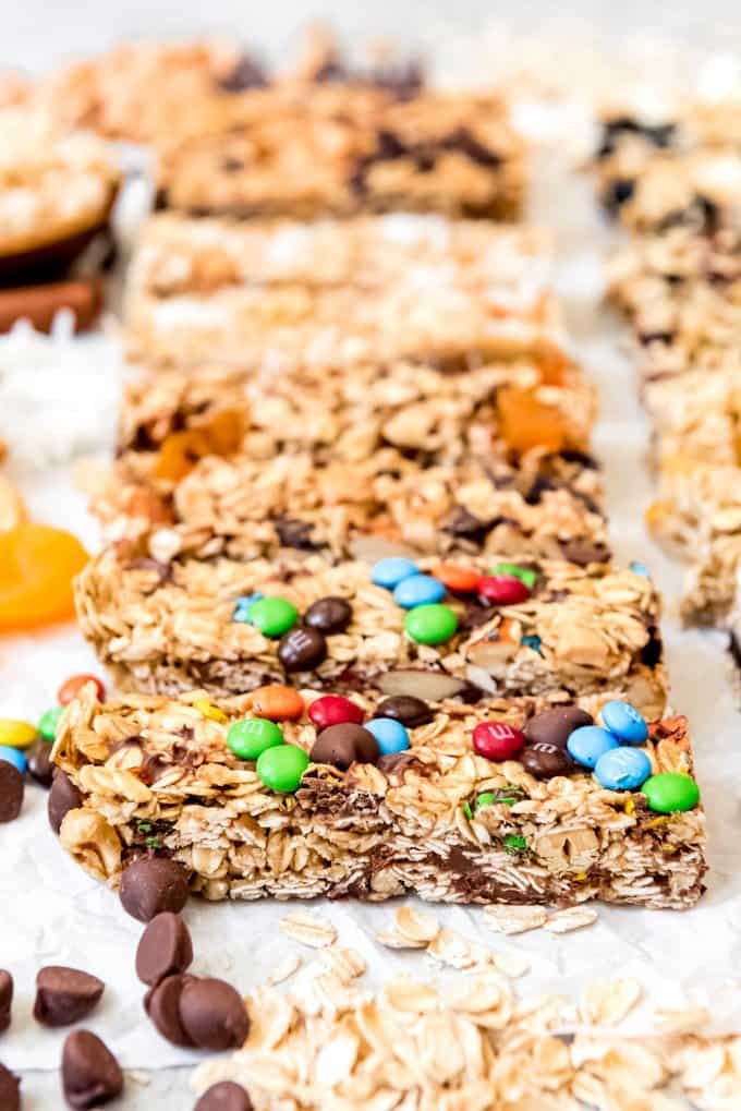 An side view of an M&M chocolate chip granola bar.