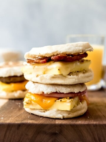 An image of two breakfast sandwiches stacked on top of each other.