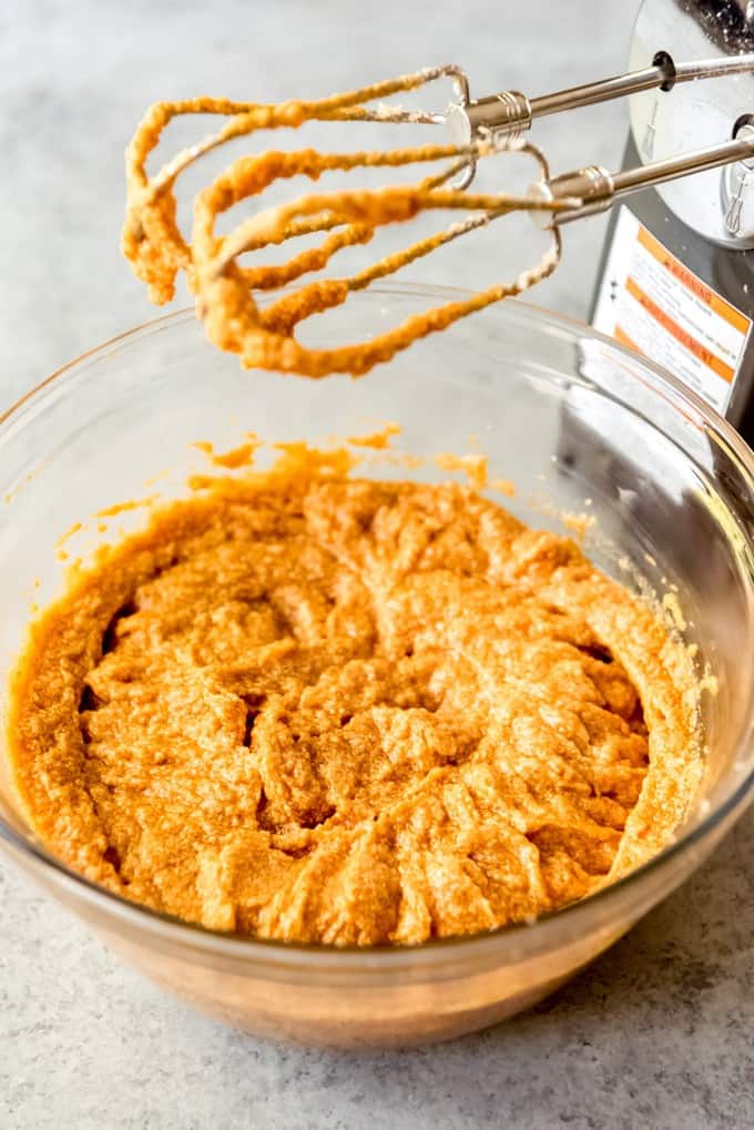 Combined wet ingredients for pumpkin cookies.