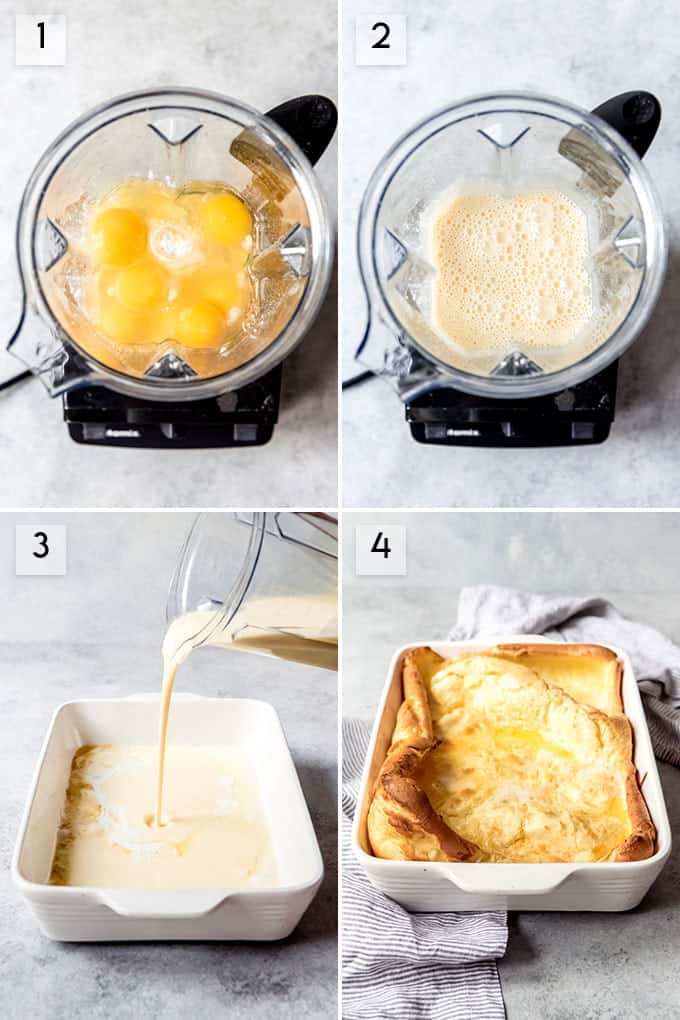 A collage of images showing step-by-step how to make German pancakes.