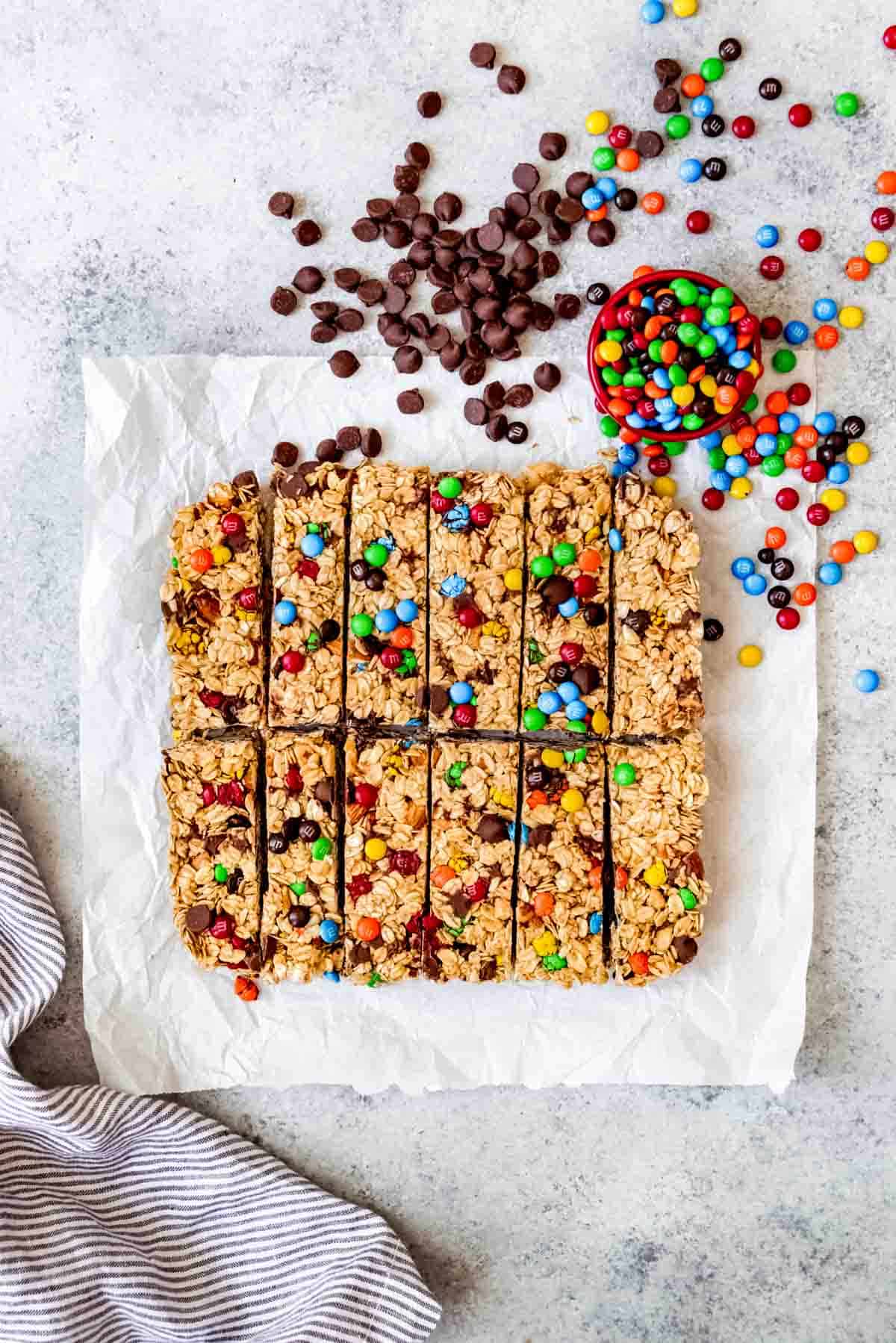 An image of a batch of M&M chocolate chip granola bars that have been cut into rectangles.