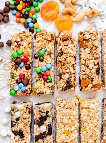 An image of four different types of homemade granola bar variations arranged side-by-side.