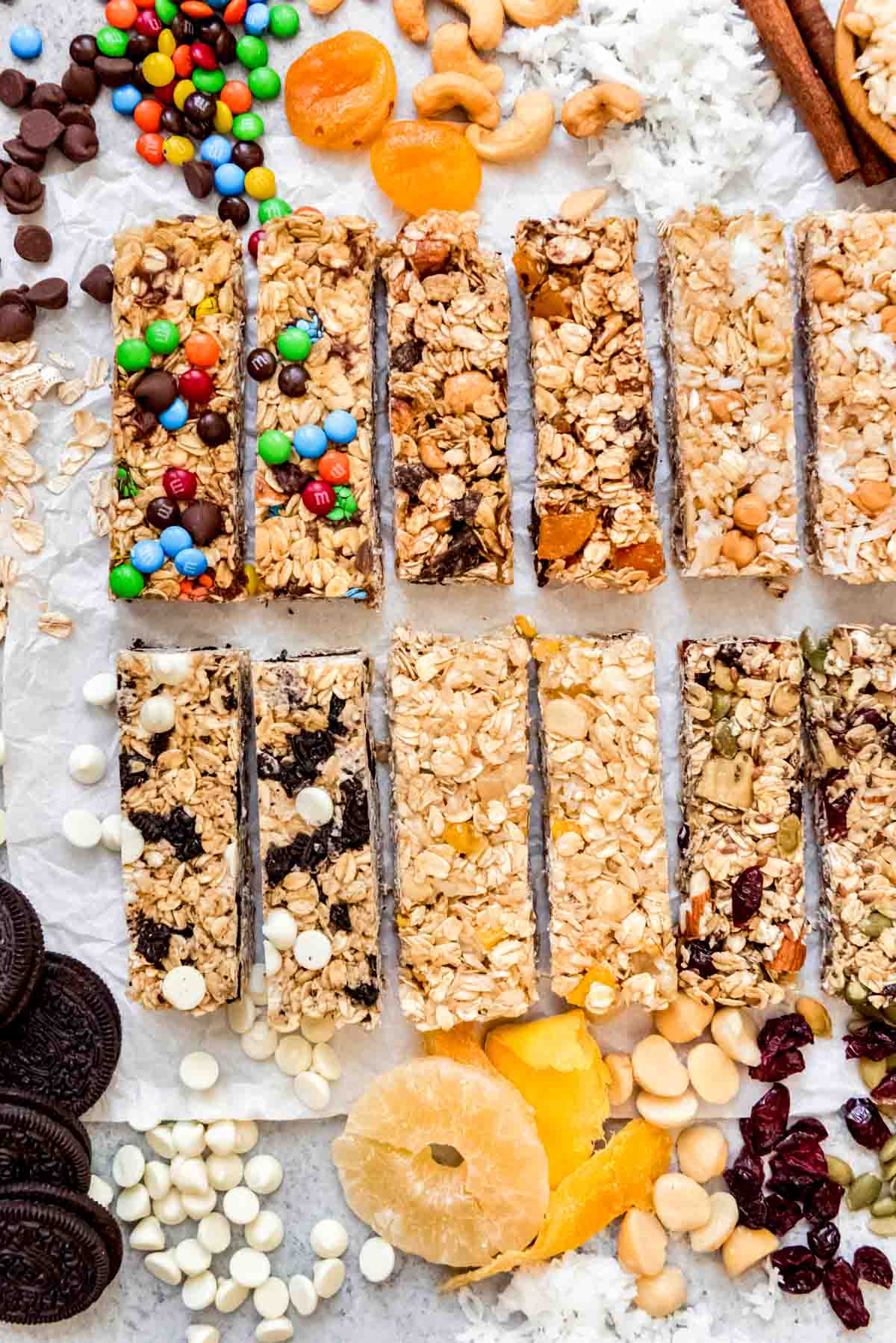 An image of fun, kid-friendly granola bars that make a great after-school snack and can be customized with any mix-ins you want!