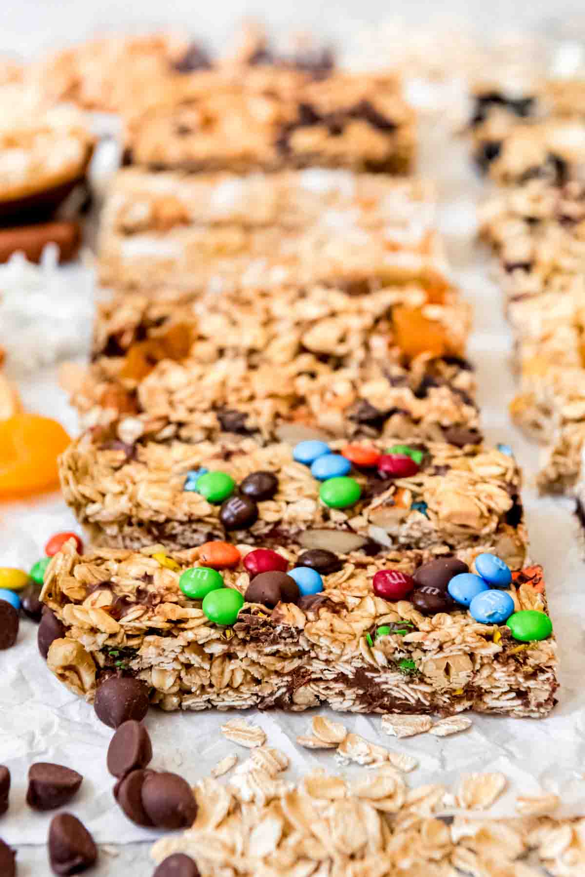 An side view of an M&M chocolate chip granola bar.