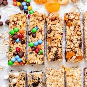 An image of four different types of homemade granola bar variations arranged side-by-side.