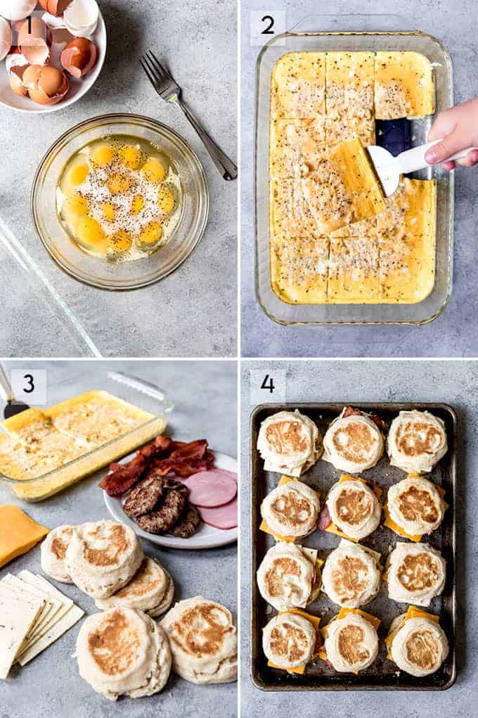 A collage of images showing step-by-step how to make make-ahead freezer breakfast sandwiches.