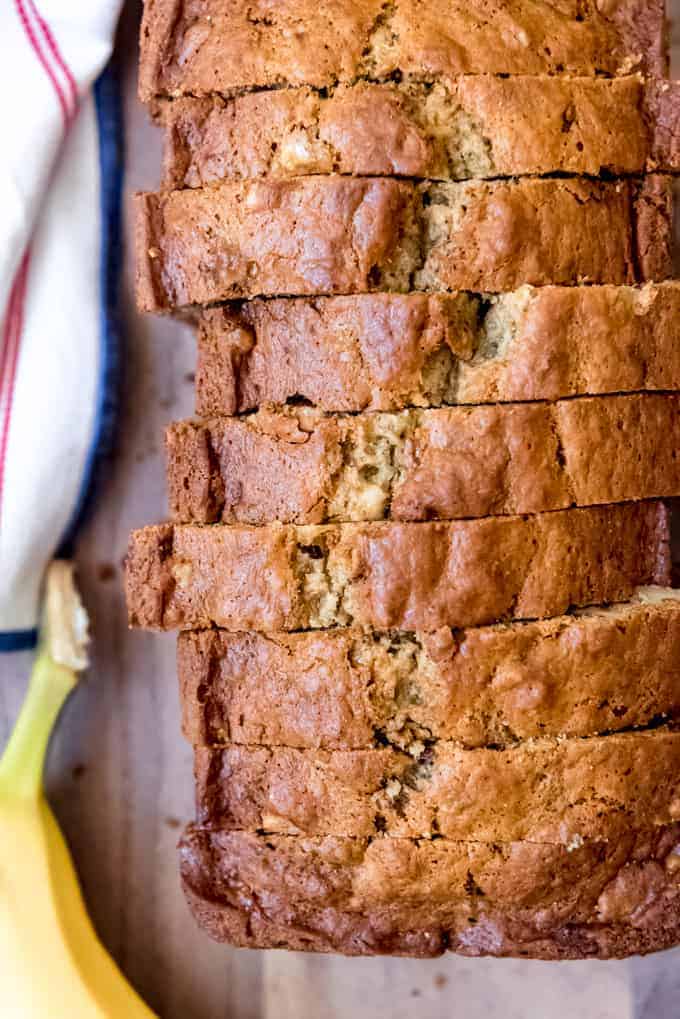 An image of a loaf of sliced homemade banana bread.