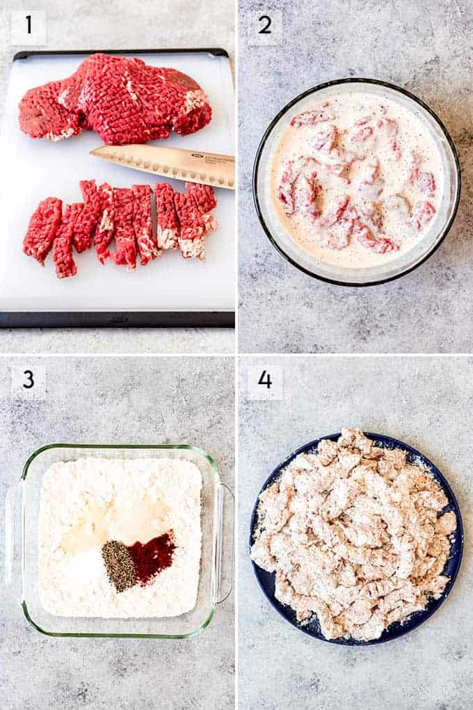 An collage of images showing step-by-step how to prepare chicken fried finger steaks.