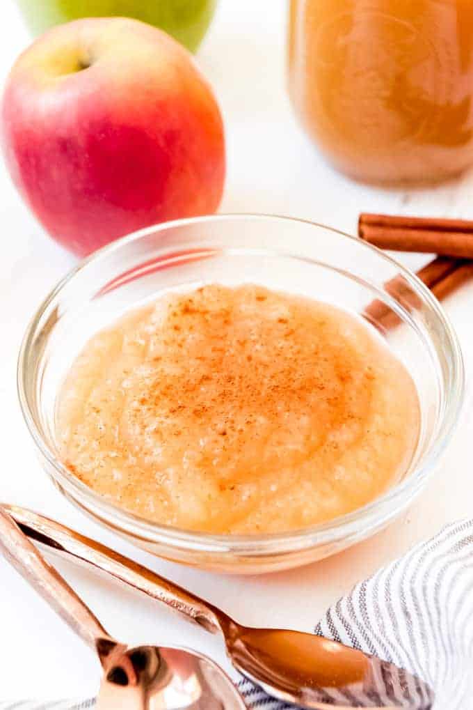 An image of applesauce in a bowl with cinnamon sprinkled on top.
