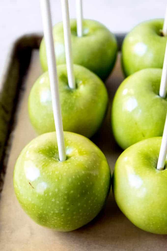 An image of Granny Smith apples with sticks stuck in them. 