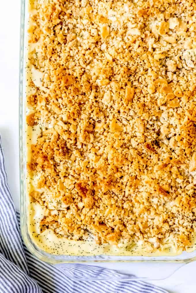 An image of a casserole with buttery toasted Ritz cracker topping.