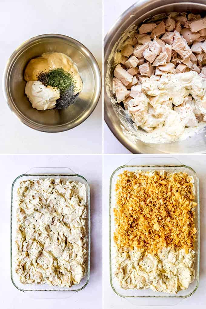 A collage of images showing how to make poppy seed chicken casserole.
