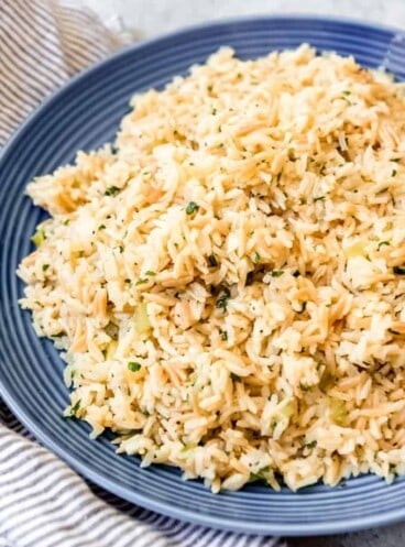 An image of a large plate of homemade rice pilaf.