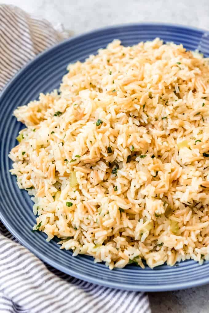 An image of a large plate of homemade rice pilaf.
