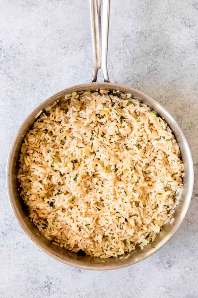 An image of rice pilaf made on the stovetop in a pan.