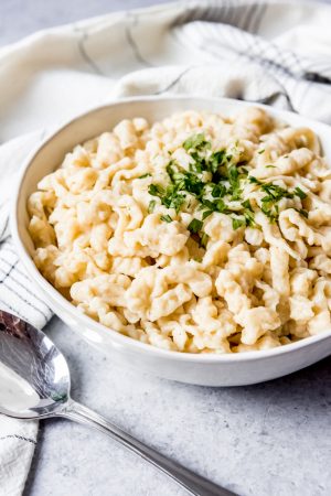 An image of a bowl of homemade German spaetzle.