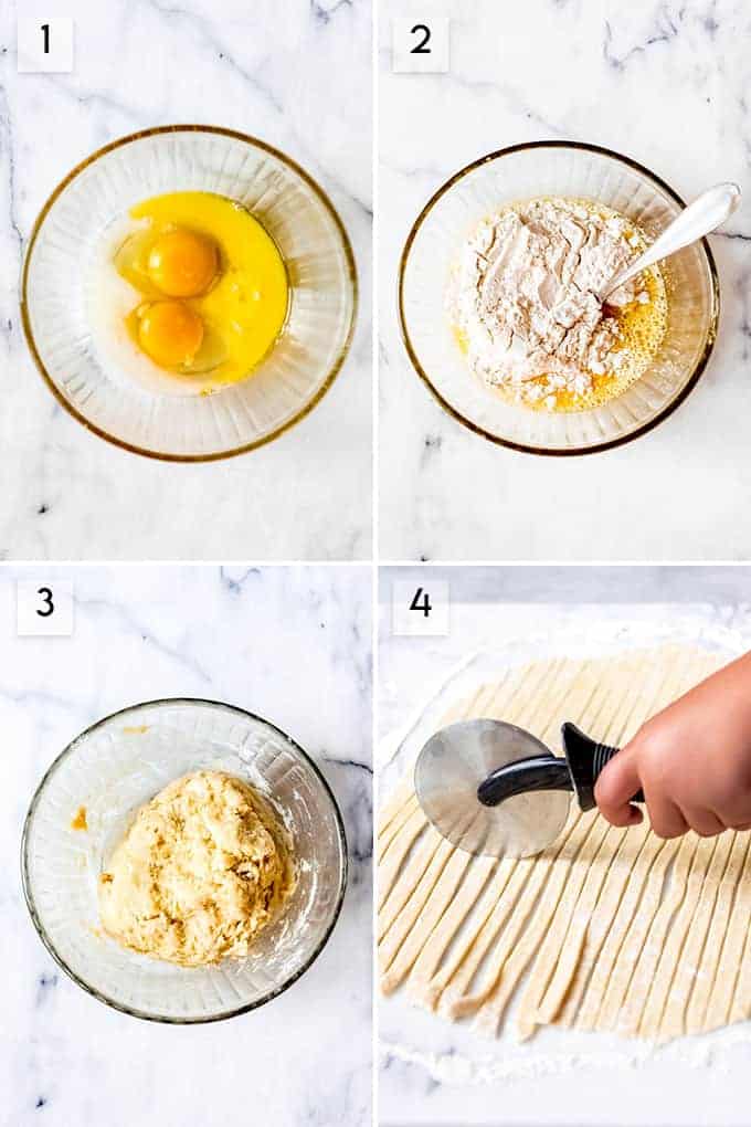A collage of images showing the steps for how to make homemade egg noodles.