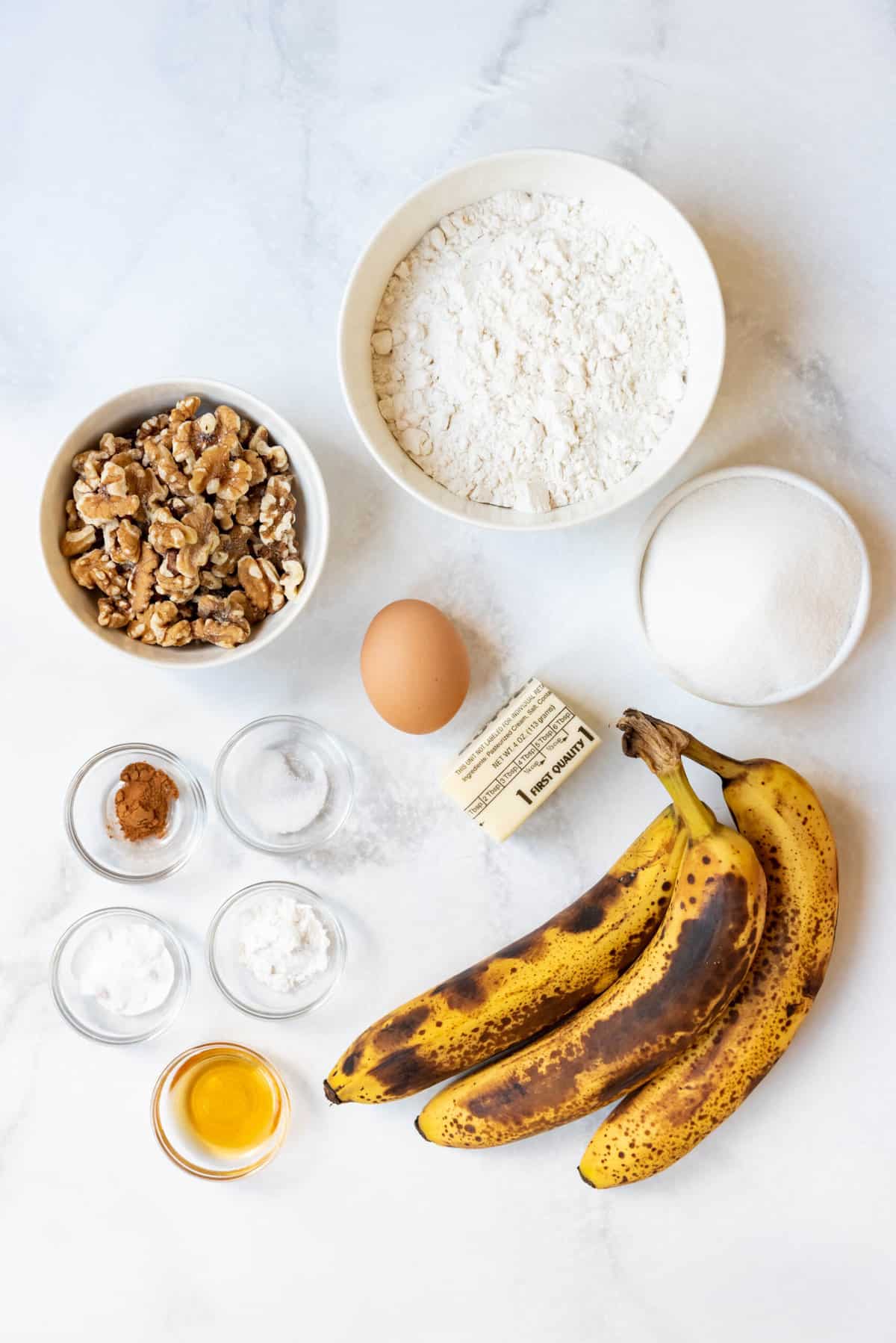 Ingredients for making easy banana bread.