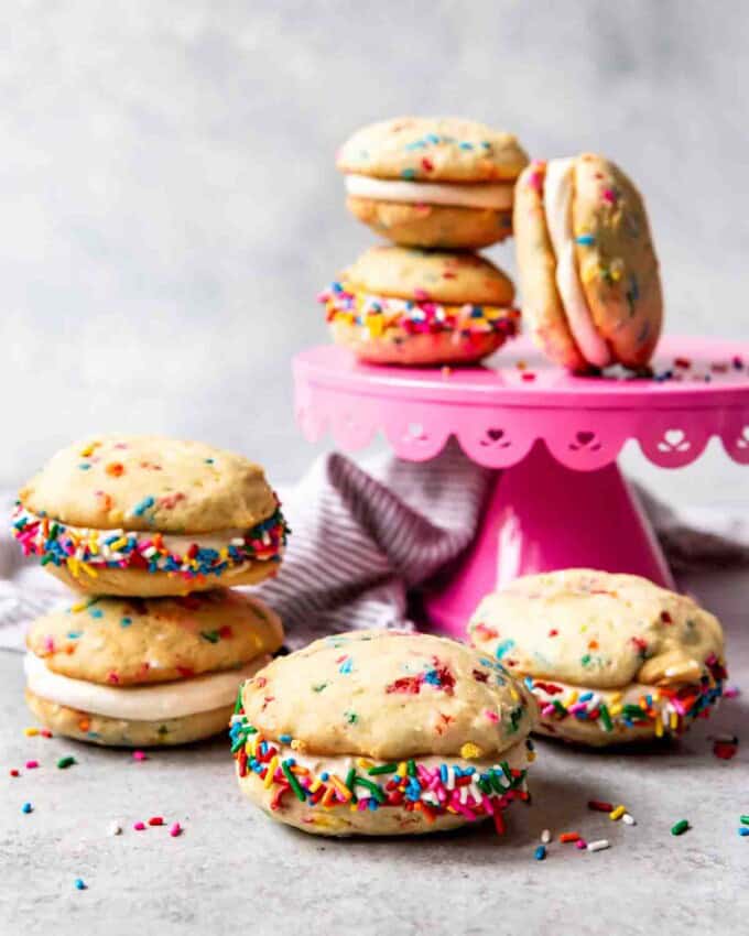 An image of soft whoopie pies with sprinkles around the edges.