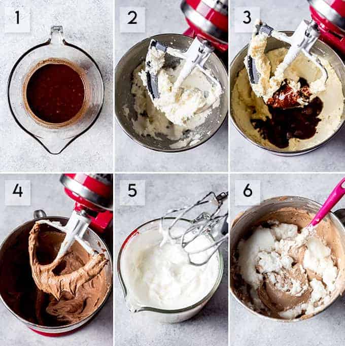 A collage of images showing how to make German chocolate cake batter with step-by-step photos.